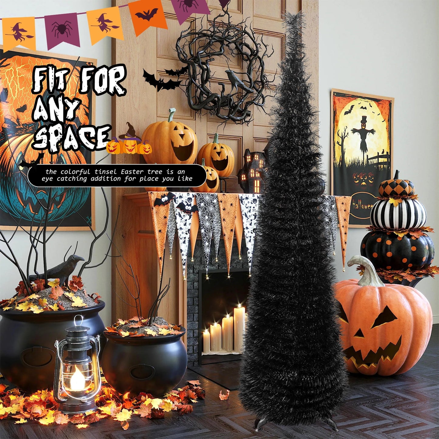 Ayieyill 5ft Halloween Tree Prelit, Pencil Pop up Tree with Light Halloween Decoration | Indoor