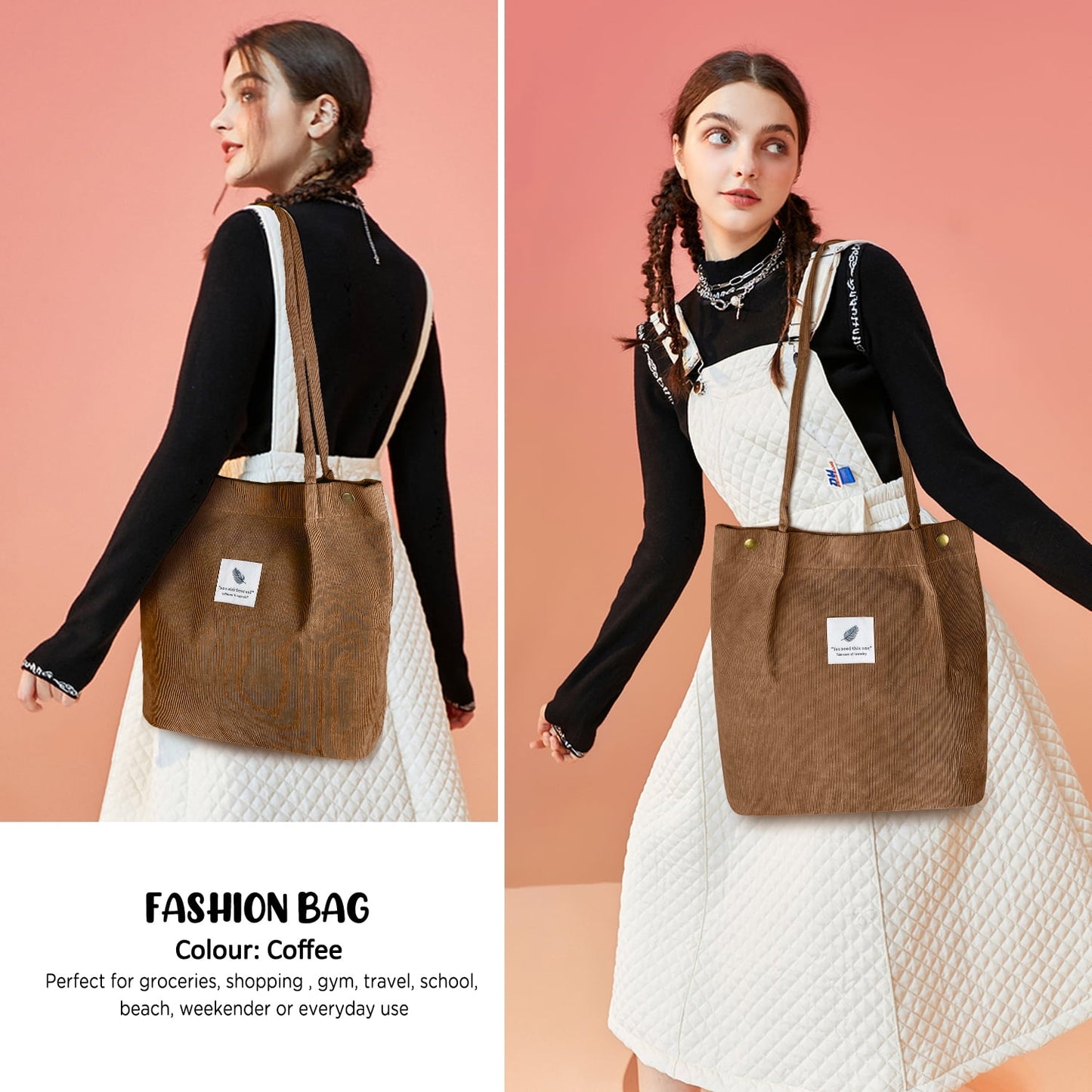 Ayieyill Corduroy Tote Bag Large for Women Girl Lady Canvas Shoulder Cord Purse and Handbags with Inner Pocket