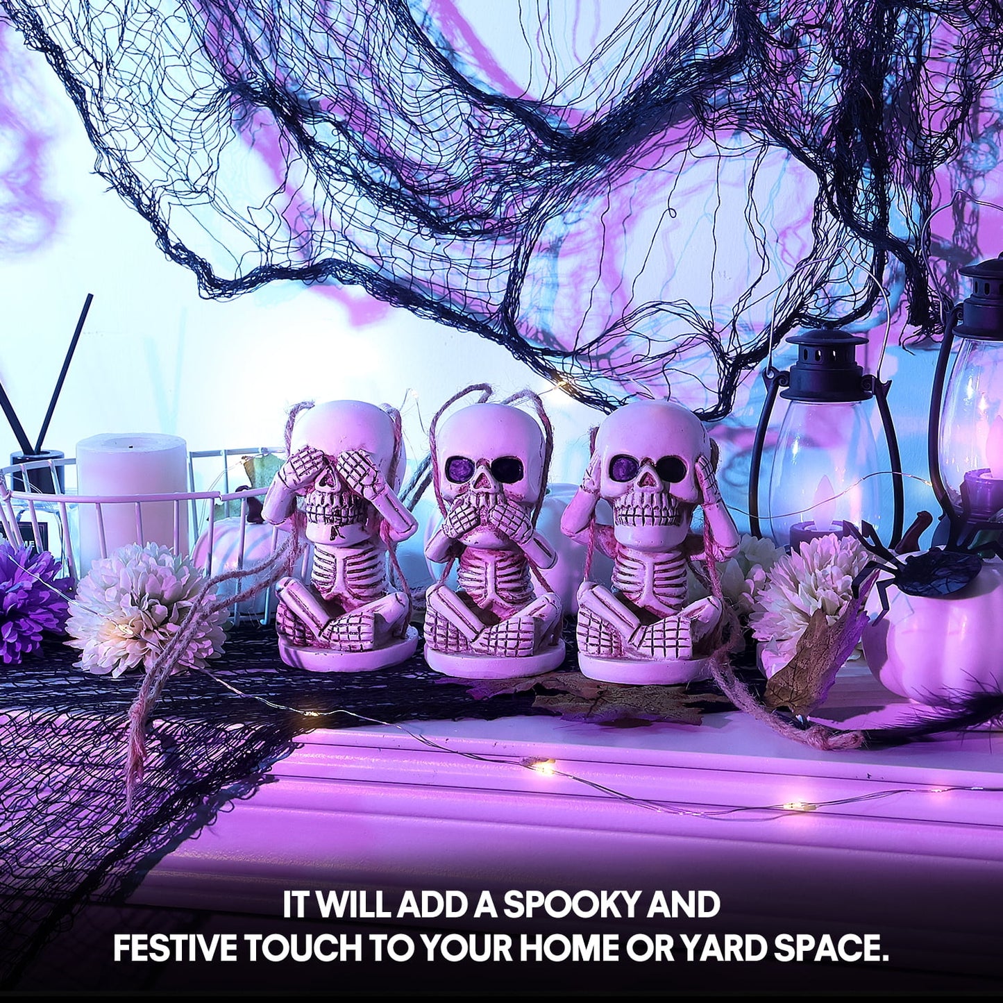 Ayieyill Skeletons Halloween Decorations Set of 3, See Hear Speak No Evil Halloween Skeleton Decor