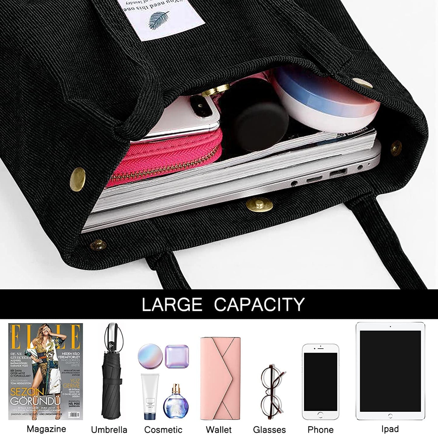 Ayieyill Corduroy Tote Bag Large for Women Girl Lady Canvas Shoulder Cord Purse and Handbags with Inner Pocket
