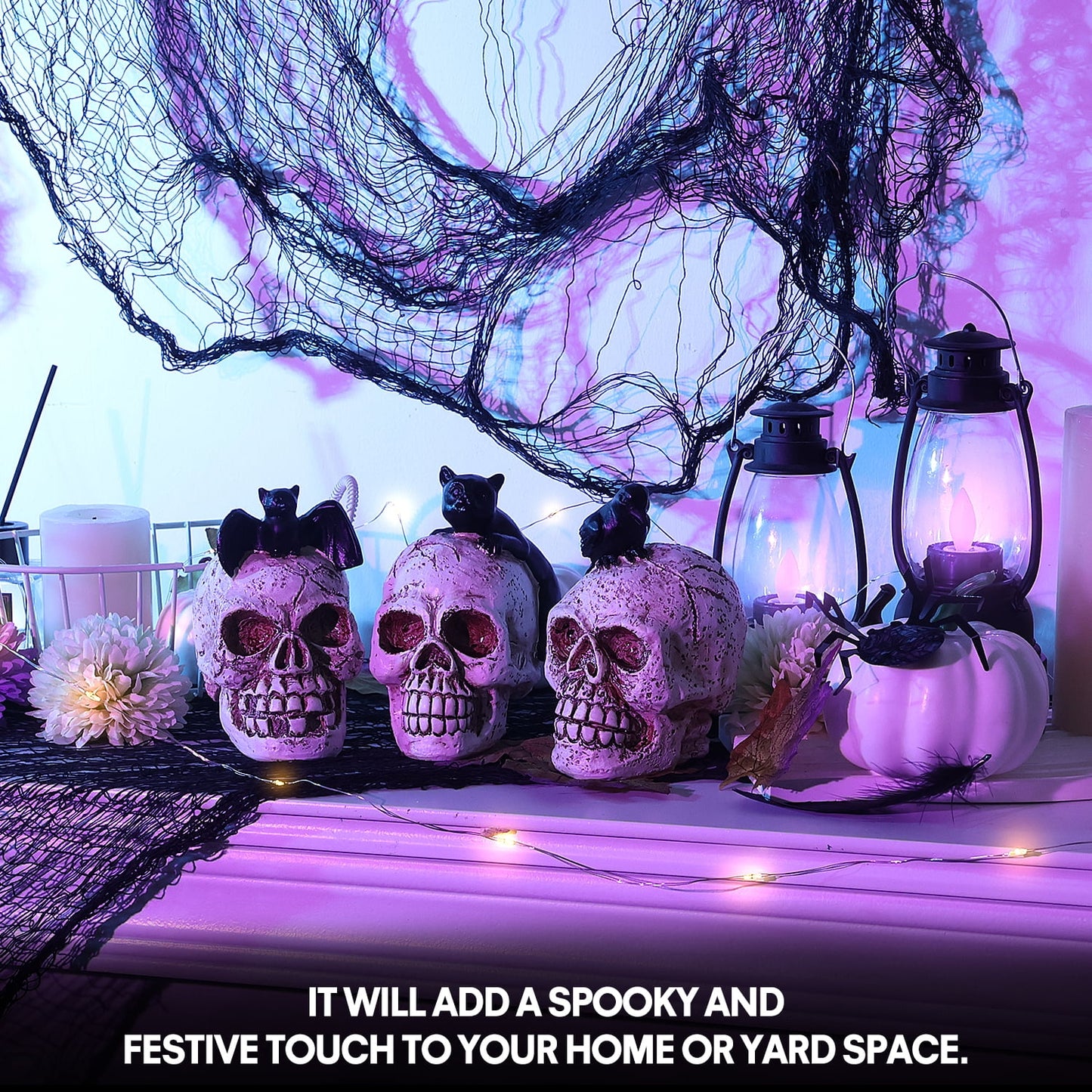 Ayieyill 3pcs Skull Halloween Decorations Indoor Skull Decor Halloween Figurines Cat Bat Raven Skulls Halloween Decor
