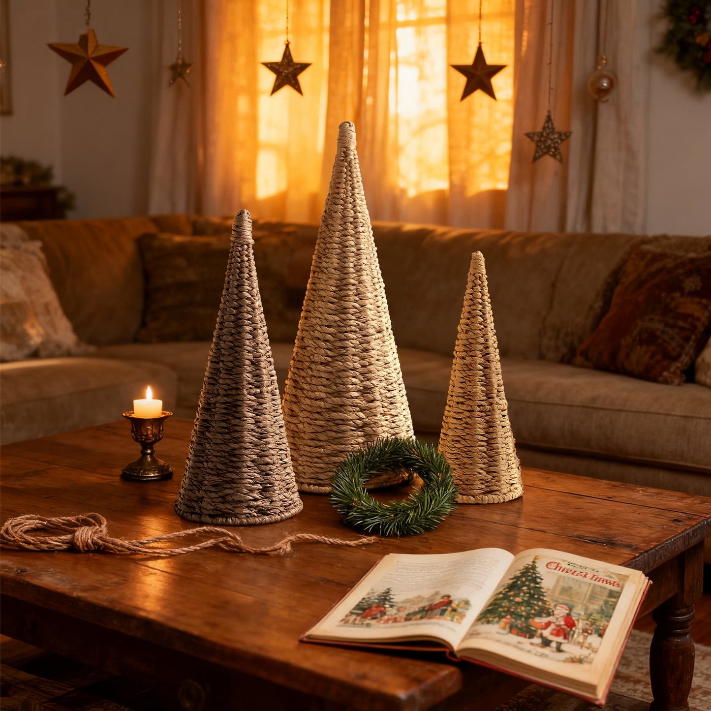 Ayieyill 3pcs Wicker Christmas Tree Tabletop Christmas Decor Farmhouse Christmas Decor Rustic Xmas Decorations, Natural