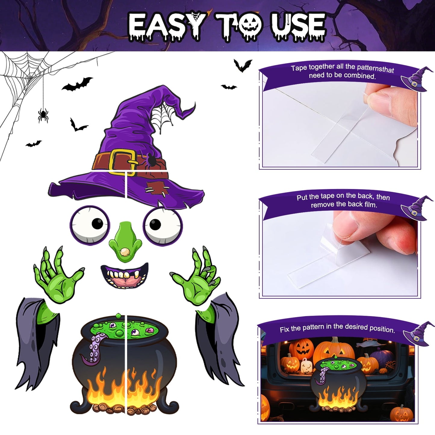 Ayieyill Halloween Trunk or Treat Car Decorations Kit, Scary Witch Face Sticker Halloween Decoration, Halloween Decorations for Car Mantel Garage Door