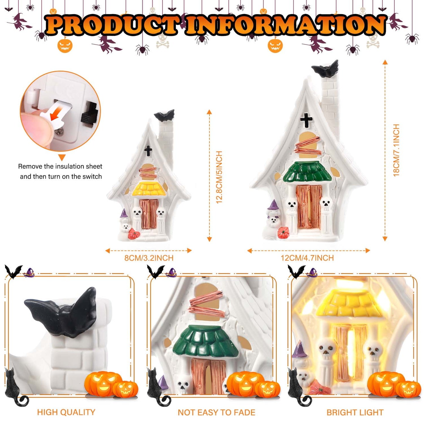 Ayieyll 2Pcs Pre-Lit Ceramic Halloween Village Halloween Haunted House White Village Houses with Skulls & LED & Bats for Halloween Table Decorations