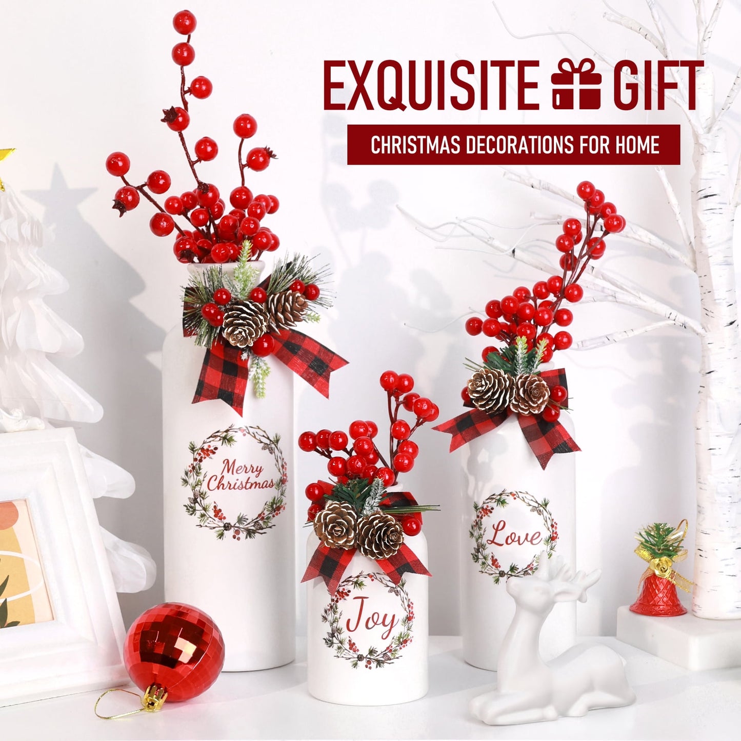 Ayieyill 4 Pcs Ceramic White Christmas Vase, Reindeer Christmas Decorations Indoor
