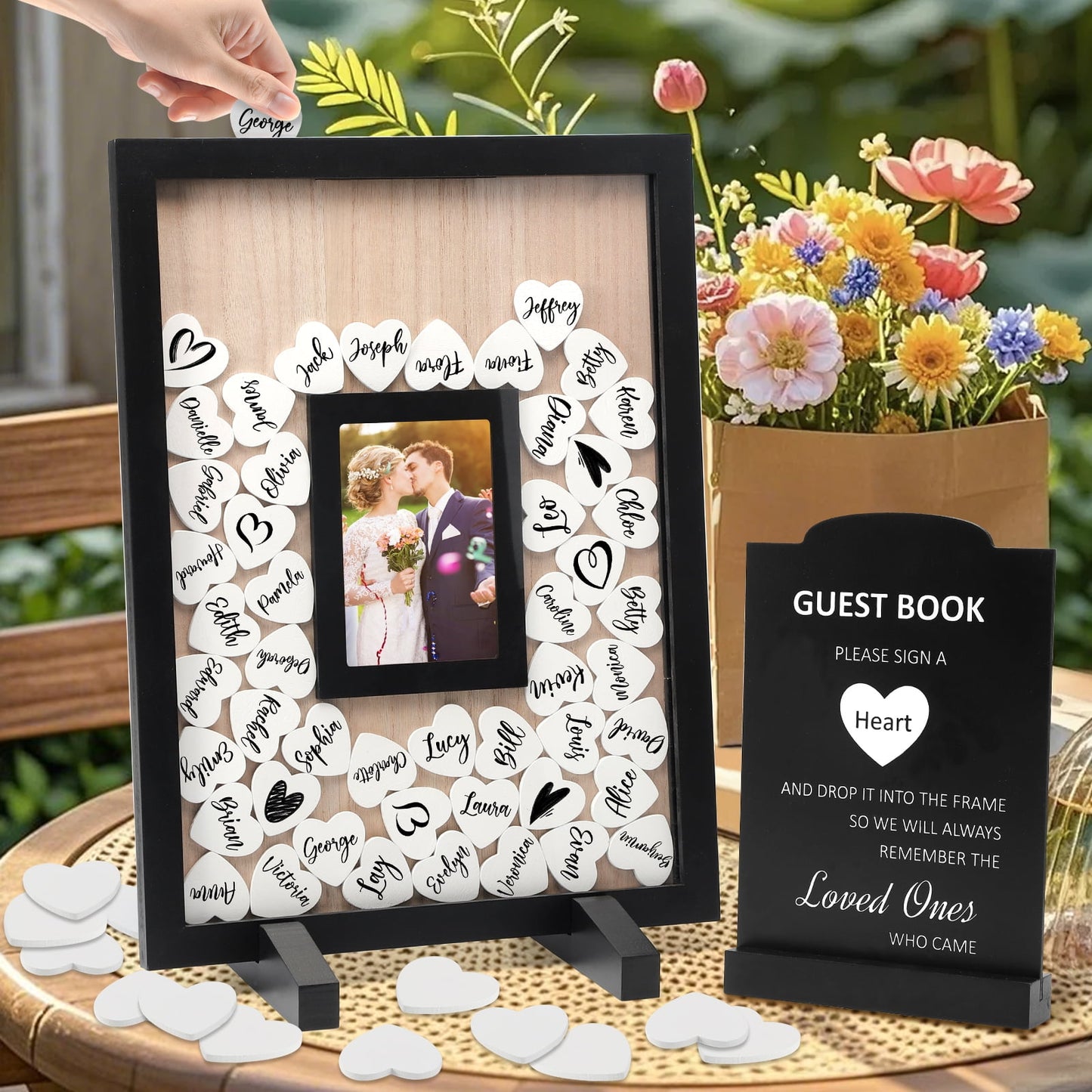 Ayieyill Wood Wedding Guest Book, Personalized Wedding Guest Book Alternative, Guest Book Sign for Wedding Reception and Ceremony Party | Square Black Frame