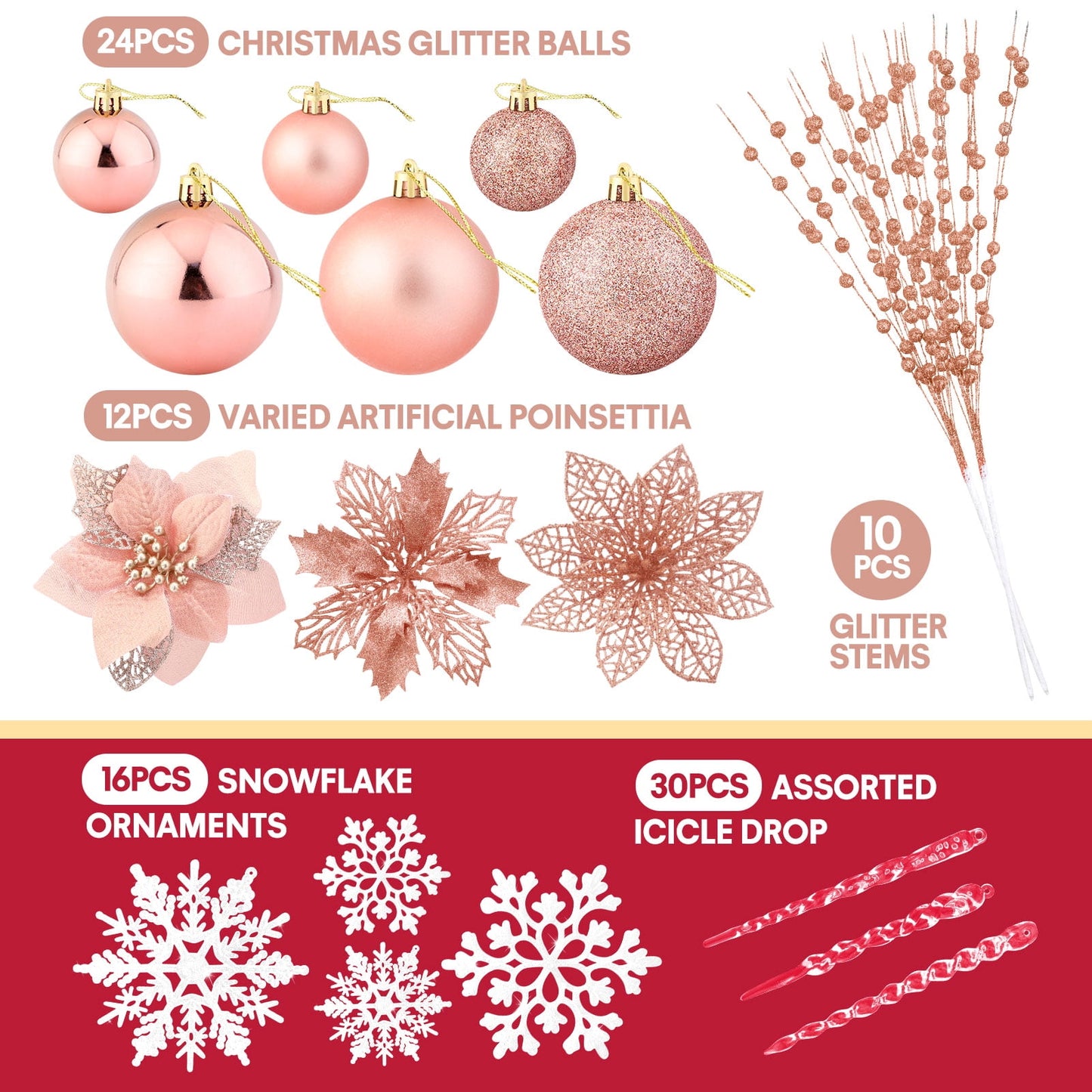 Ayieyill 92Pcs Christmas Tree Decorations Includes Poinsettia Christmas Flowers, Ball Ornaments, Artificial Glitter Berry Stems, Snowflake and Icicle Drop Crystal Ornaments
