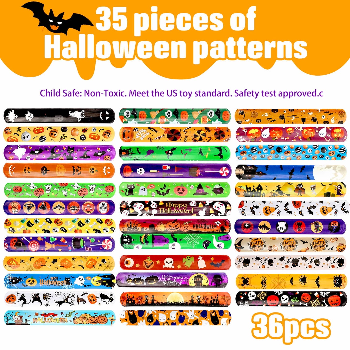 Ayieyill 36 PCS Halloween Slap Bracelets for Kids, Halloween Bracelets Bulk for Girls Boys, Kids Halloween Toys for Halloween Party Favors