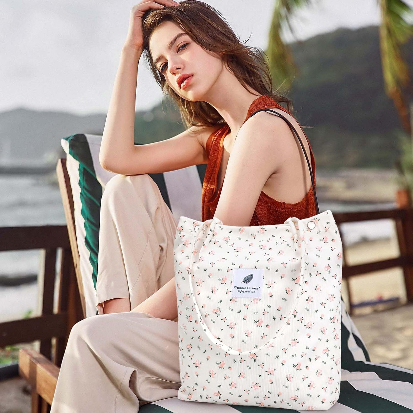 Ayieyill Corduroy Tote Bag Large for Women Girl Lady Canvas Shoulder Cord Purse and Handbags with Inner Pocket