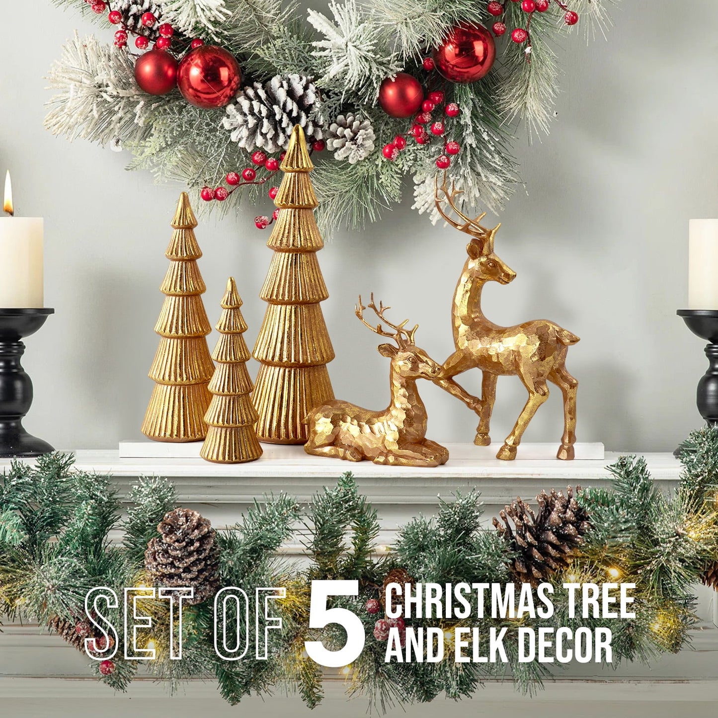 Ayieyill 5PCS Christmas Tree Resin Reindeer Figurines, Tree and Deer Christmas Decor, Deer Decorative Statues Resting Lucky Deer Sculptures(Rose Gold)