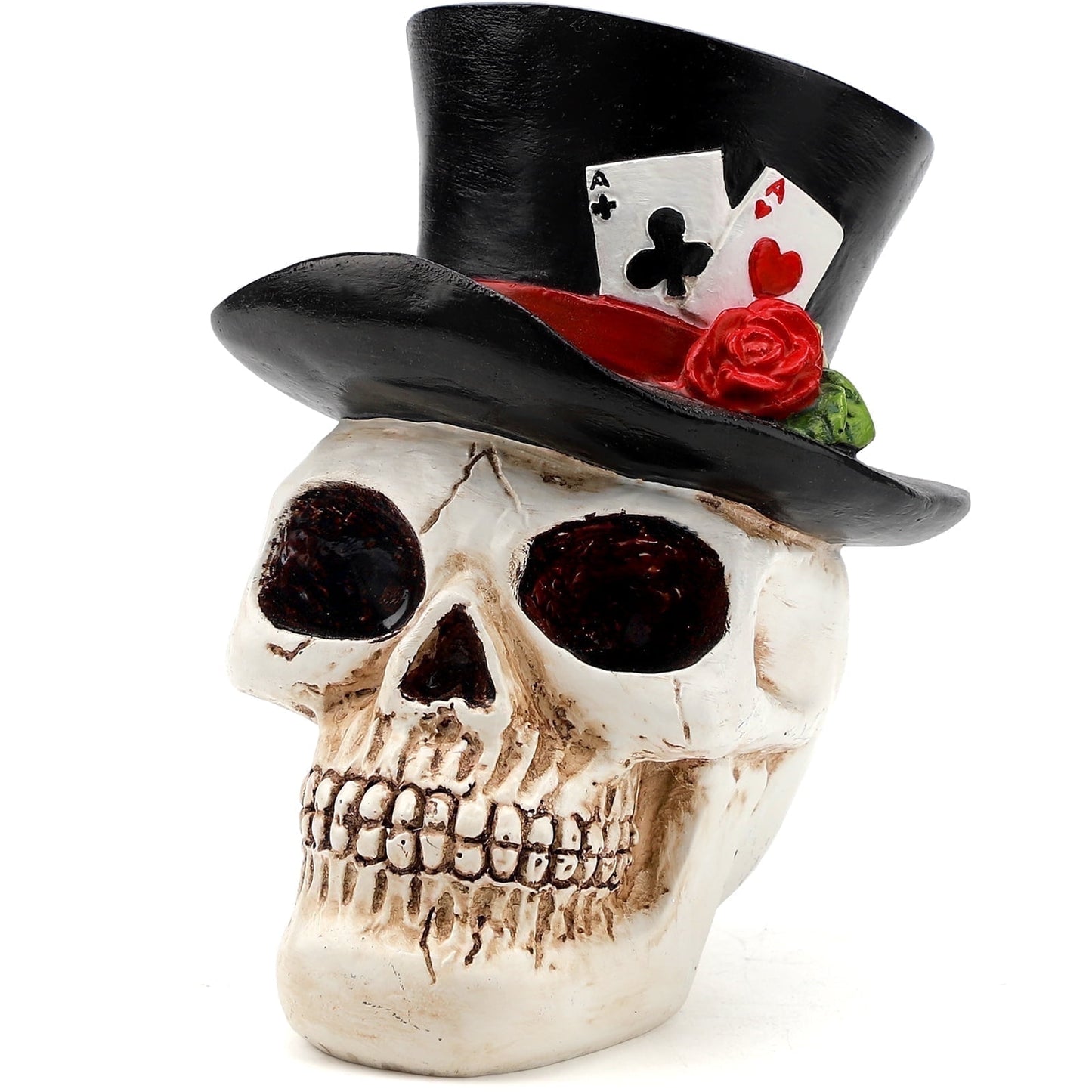 Ayieyill Halloween Skull Decorations Indoor, Gothic Decor Skull  with Top Hat Rose and Playing Cards, Resin Skull Head Decor