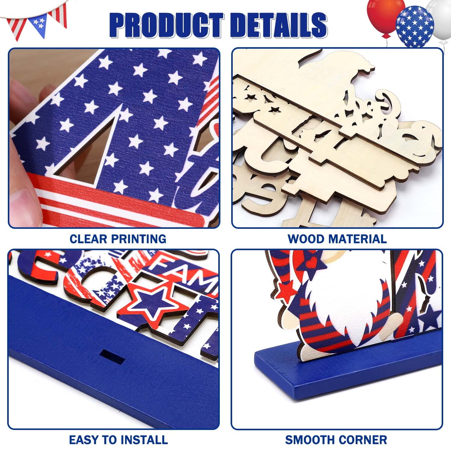 Ayieyill 4th of July Decor Table Decoration, 4 Pcs Wooden Independence Day Party Decor Fourth of July Decorations Patriotic Decorations for House School Classroom