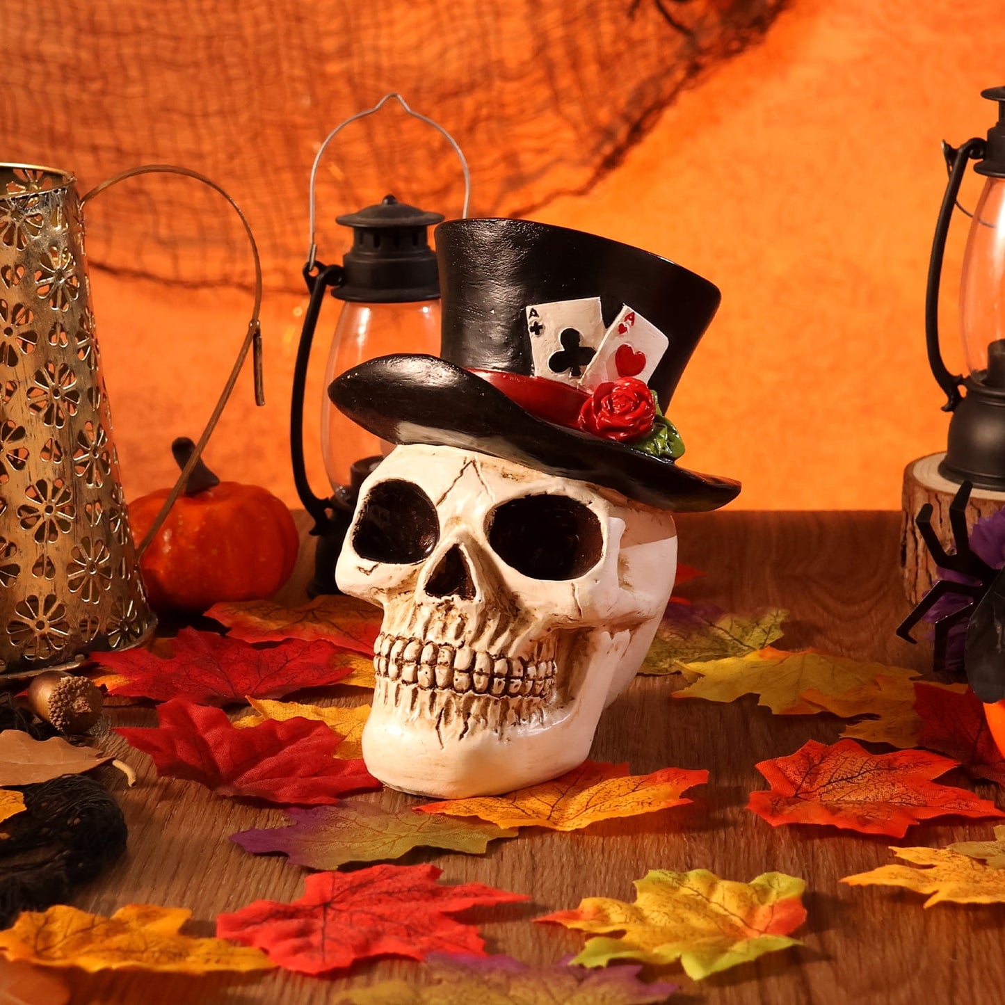 Ayieyill Halloween Skull Decorations Indoor, Gothic Decor Skull  with Top Hat Rose and Playing Cards, Resin Skull Head Decor