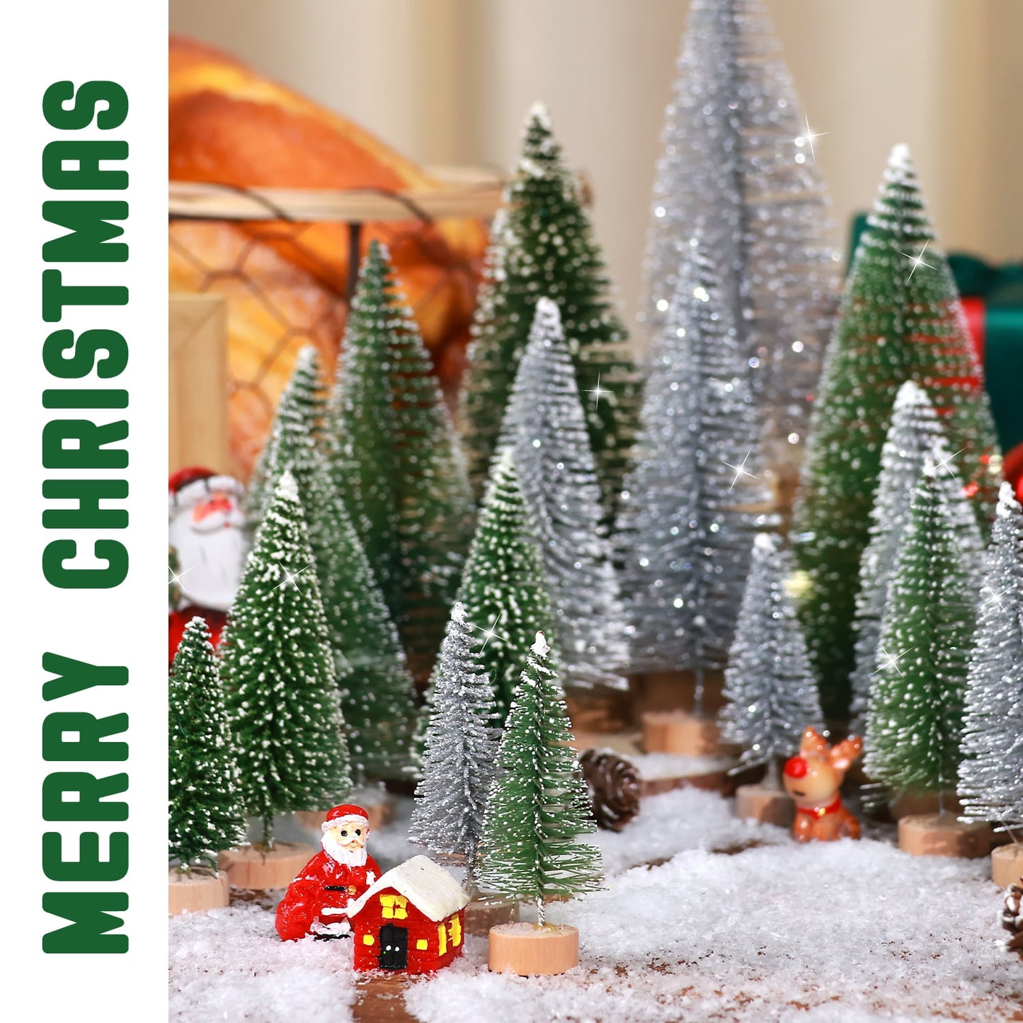 Ayieyill 35Pcs Mini Christmas Trees Bottle Brush Trees with Pine Cone Snow Powder, Christmas Village Sets