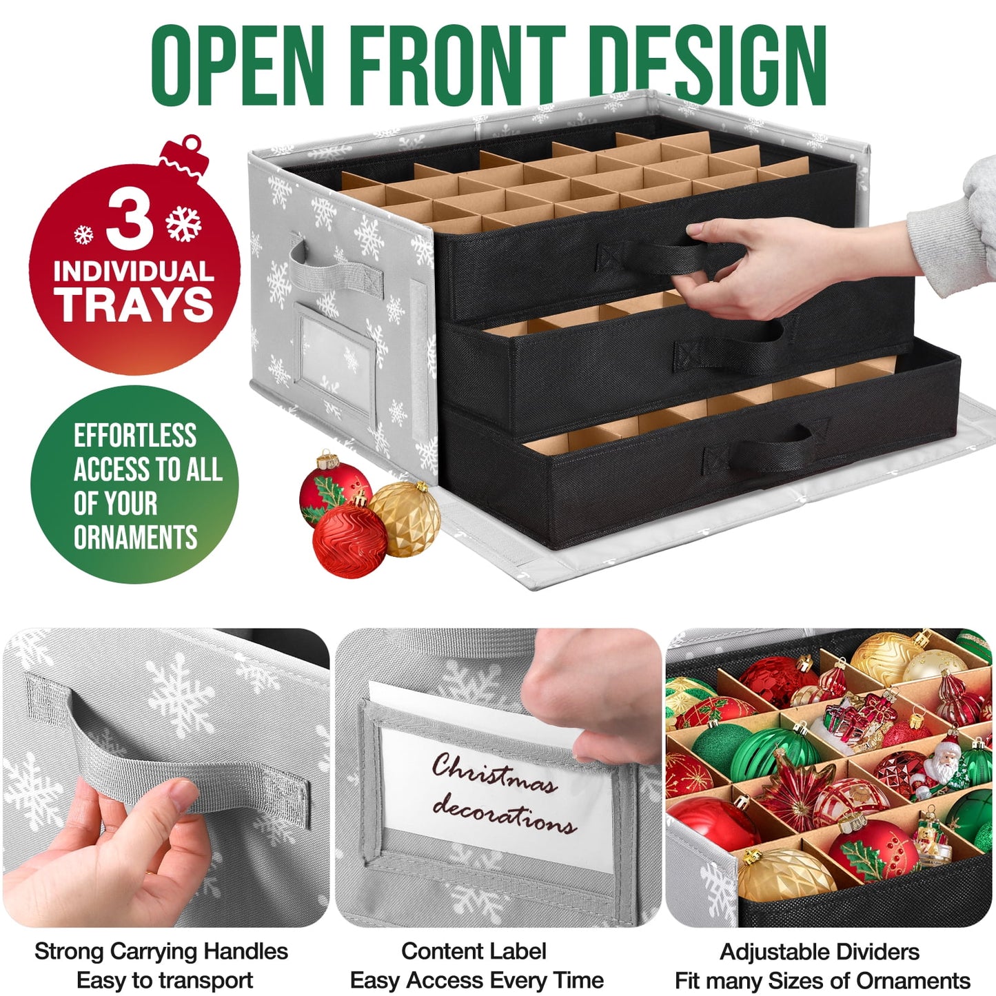 Ayieyill Premium Large Christmas Ornament Storage Box, Christmas Ornament Organizer, with Side Open, 3 Removable Trays - Keeps 72 Holiday Ornaments