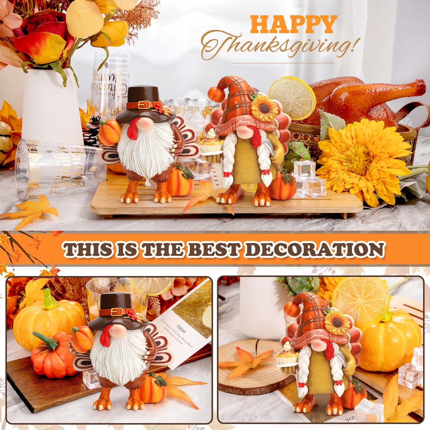 Ayieyill Thanksgiving Gnome Figurines, Turkey Thanksgiving Decorations, 2 Pcs, Resin