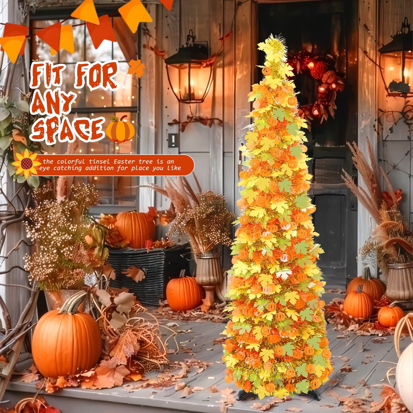 Ayieyill 5Ft Fall Tree Pop up Pencil Tree Collapsible Maple Tree for Indoor Outdoor Thanksgiving Decorations Autumn Harvest