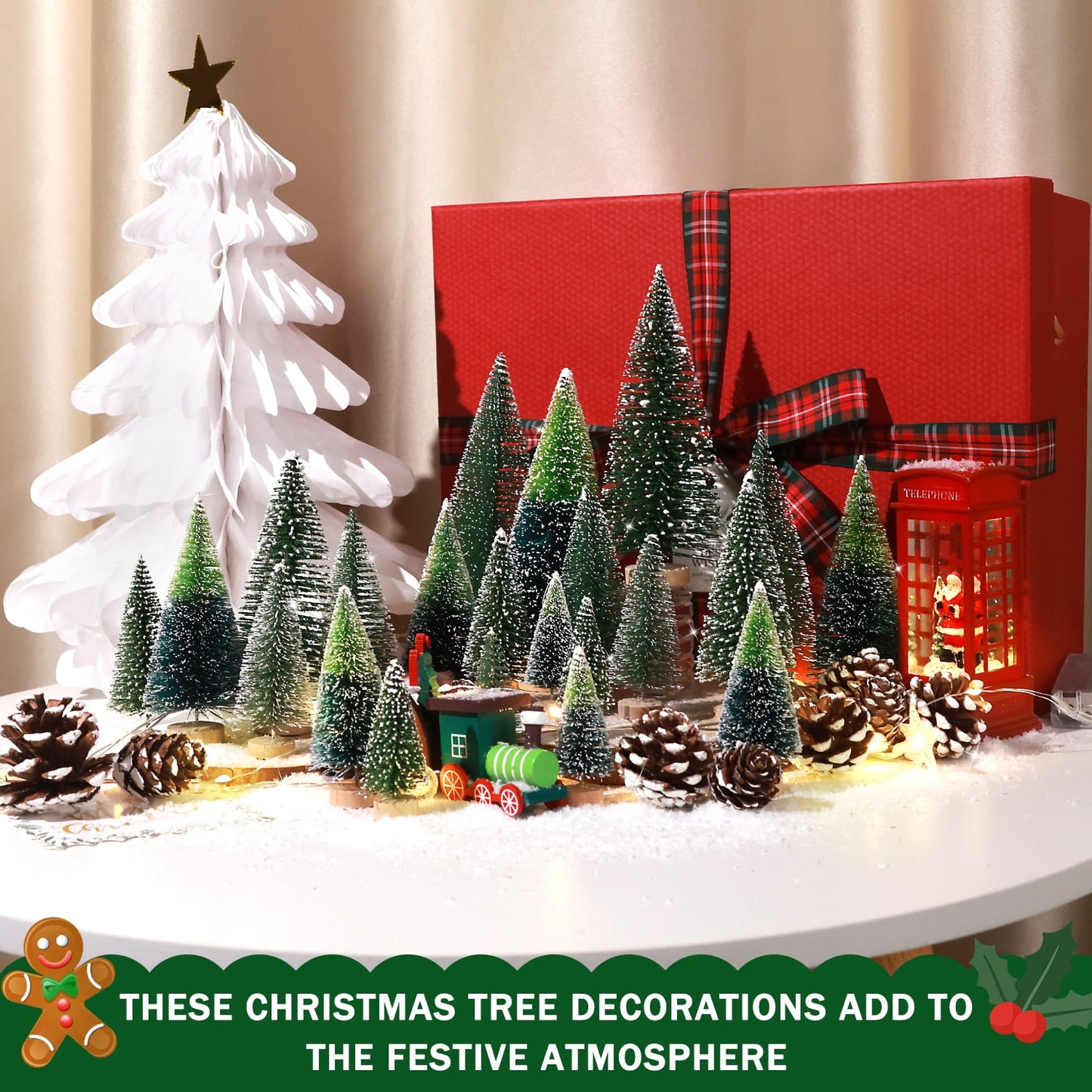 Ayieyill 35Pcs Mini Christmas Trees Bottle Brush Trees with Pine Cone Snow Powder, Christmas Village Sets