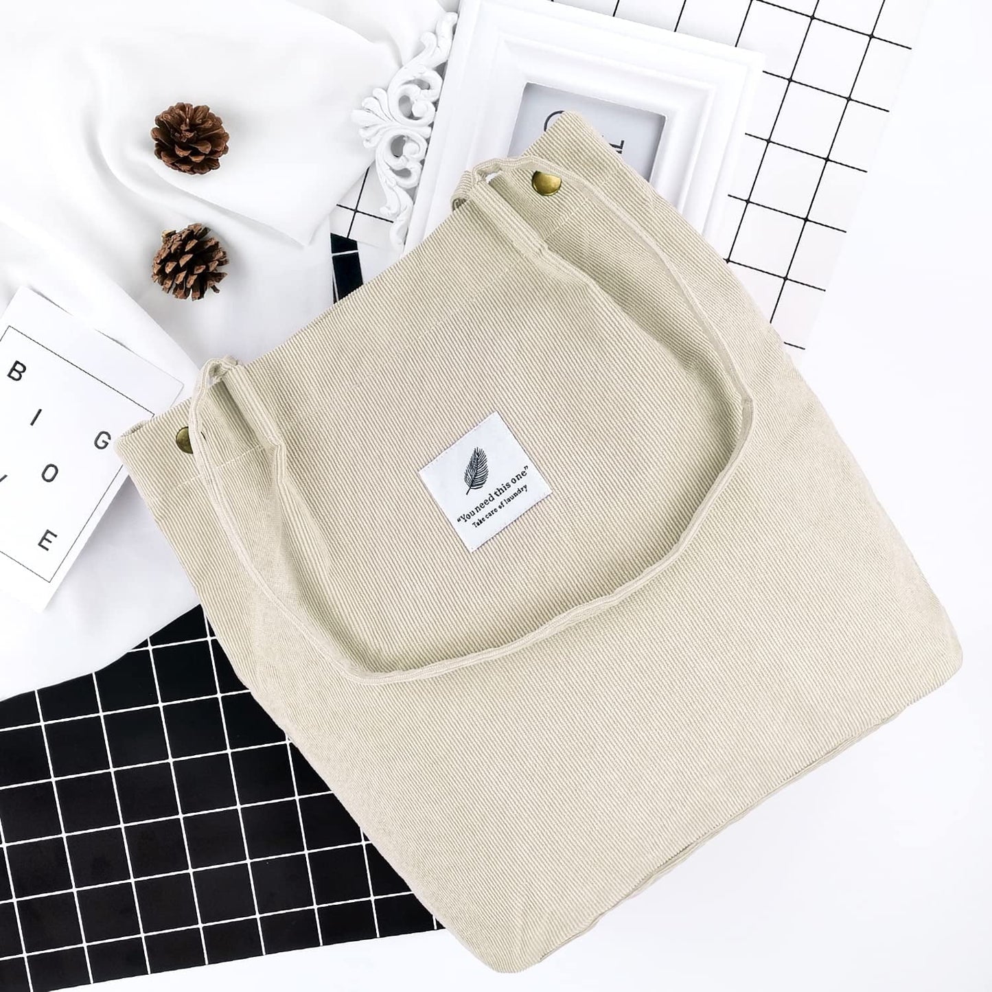 Ayieyill Corduroy Tote Bag Large for Women Girl Lady Canvas Shoulder Cord Purse and Handbags with Inner Pocket