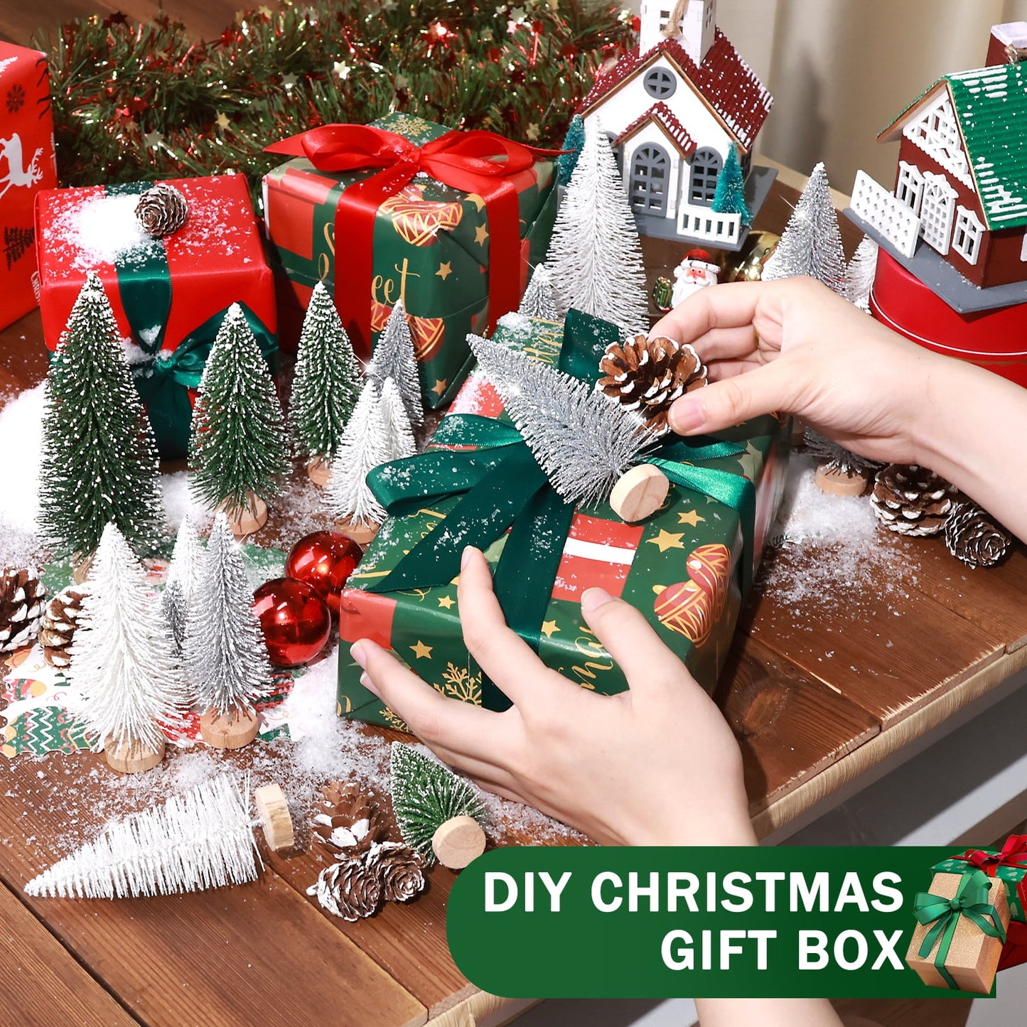 Ayieyill 35Pcs Mini Christmas Trees Bottle Brush Trees with Pine Cone Snow Powder, Christmas Village Sets