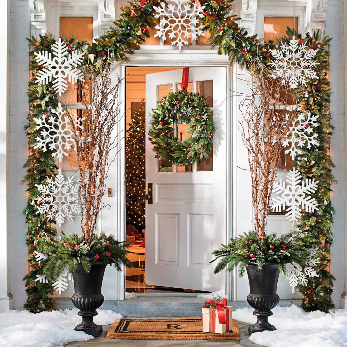 Ayieyill 6pcs Large White Snowflakes Decorations, 12” Big Plastic Glitter Snowflake for Winter Indoor Outdoor Christmas Tree Decorations Giant Craft Snowflakes