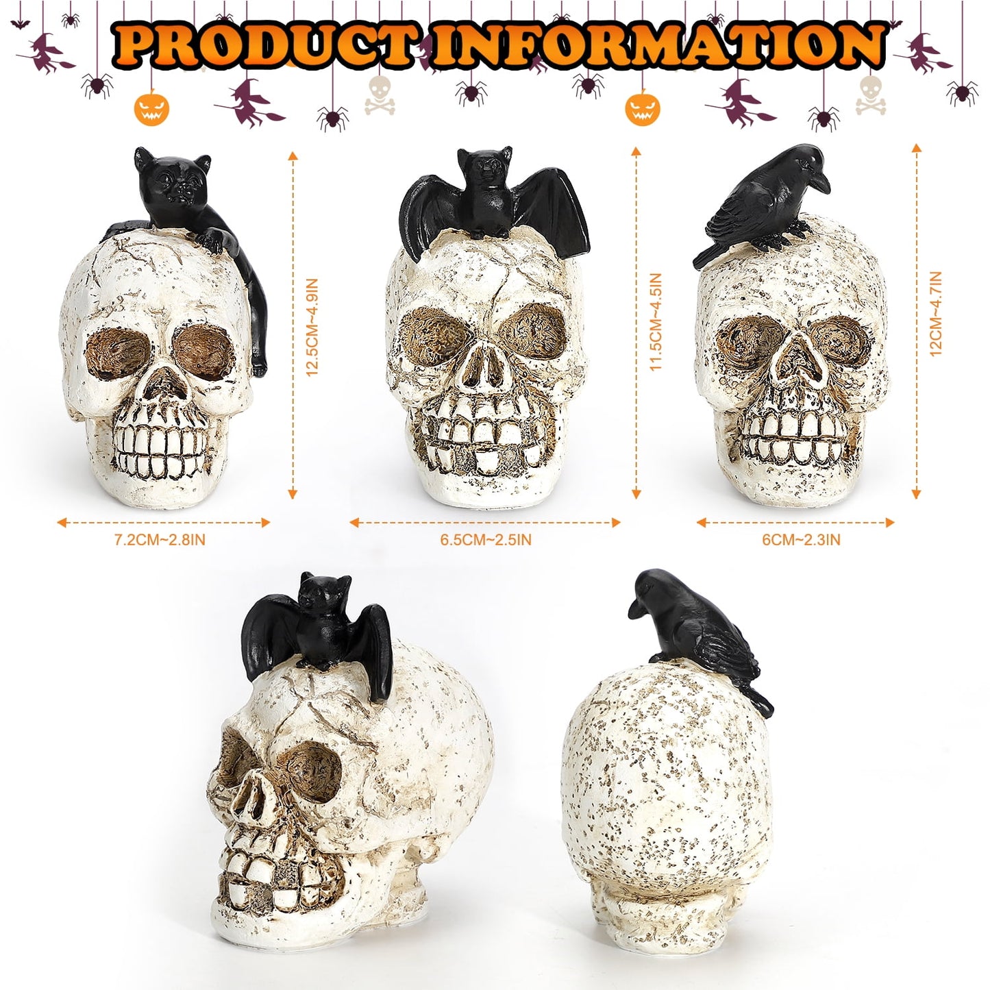 Ayieyill 3pcs Skull Halloween Decorations Indoor Skull Decor Halloween Figurines Cat Bat Raven Skulls Halloween Decor