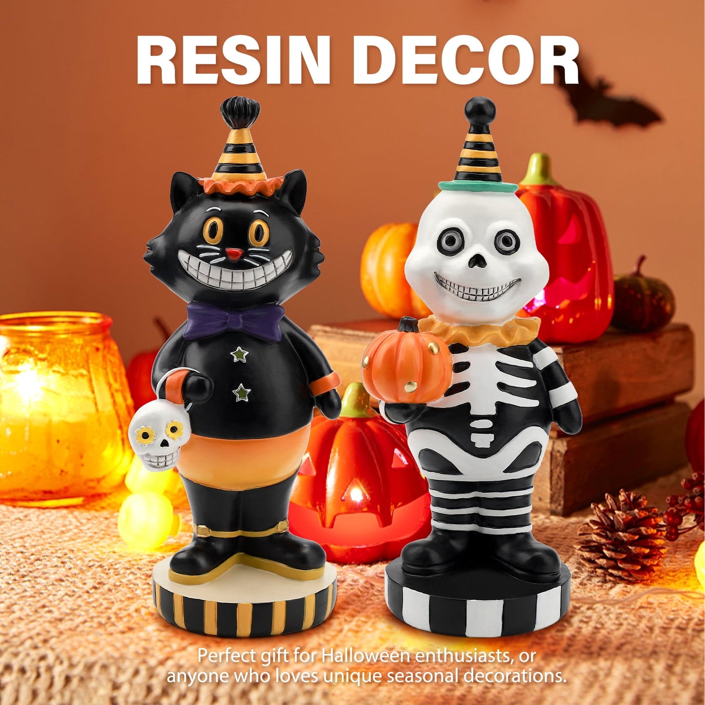 Ayieyill 2pcs Halloween Cat and Skeleton Figurines Halloween Decorations for Table or Desk Cute Halloween Gifts
