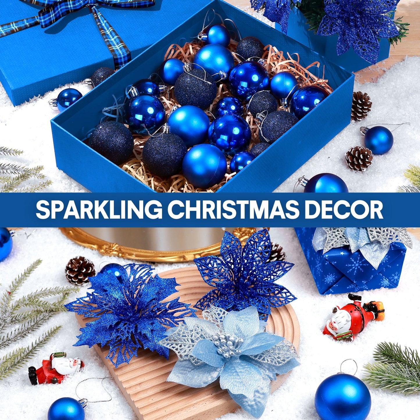 Ayieyill 92Pcs Christmas Tree Decorations Includes Poinsettia Christmas Flowers, Ball Ornaments, Artificial Glitter Berry Stems, Snowflake and Icicle Drop Crystal Ornaments