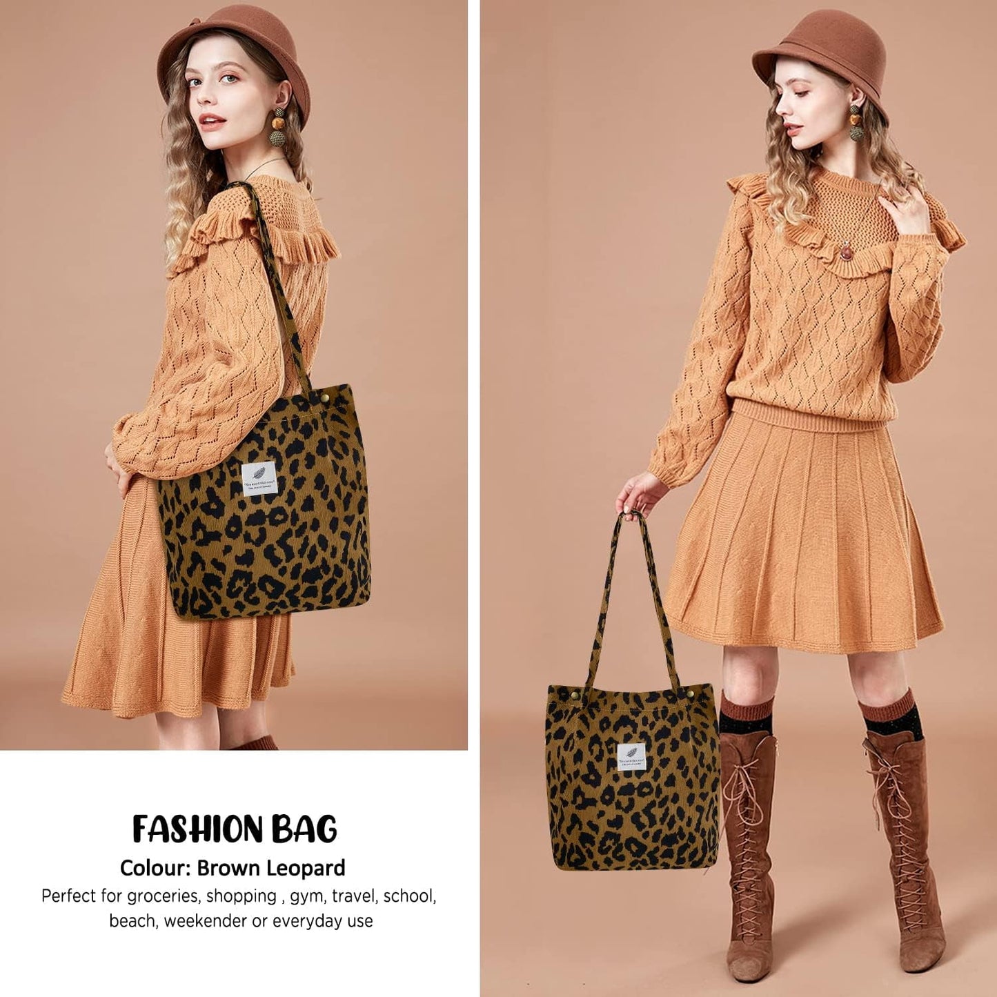 Ayieyill Corduroy Tote Bag Large for Women Girl Lady Canvas Shoulder Cord Purse and Handbags with Inner Pocket