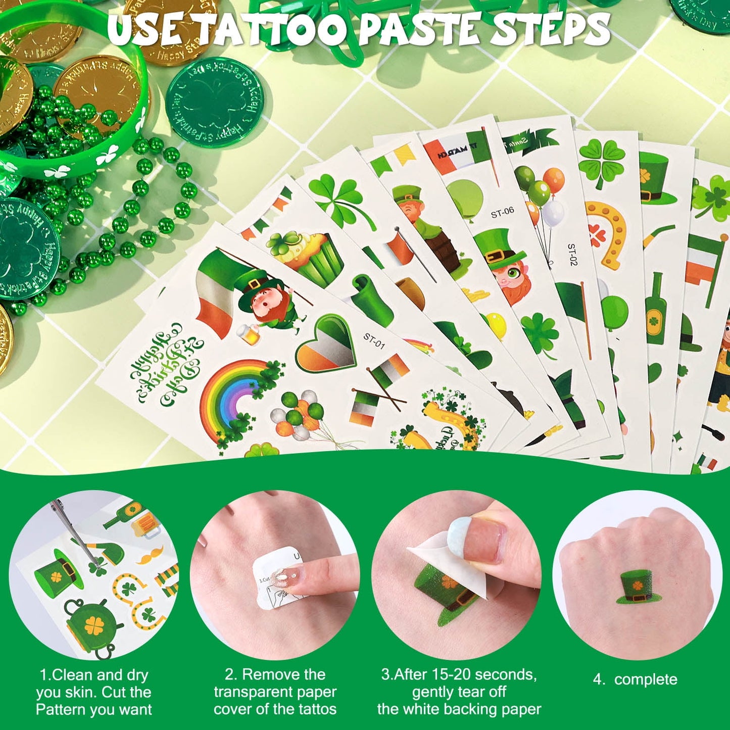 Ayieyill 196 Pcs St. Patrick's Day Party Favors Set, Green Shamrock Necklaces Sunglasses, Bracelets Temporary Tattoos Mustaches Coins