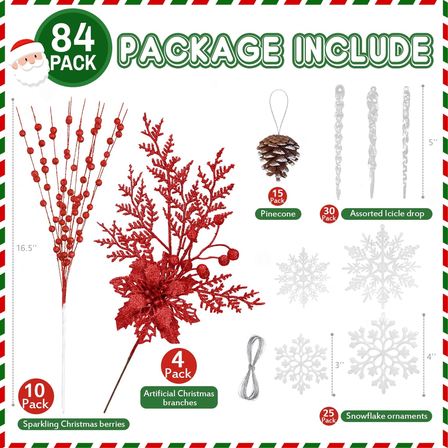 Ayieyill 84Pcs Christmas Tree Decorations Flowers, Artificial Glitter Berry Stems Christmas Pine Cones, Snowflake Icicle Drop Crystal Ornaments