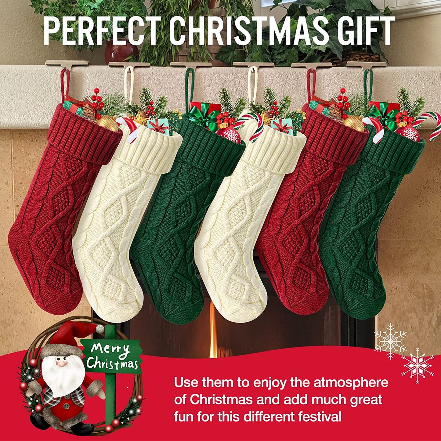 Ayieyill 6 Pcs Christmas Stockings Knitted Xmas Stockings Double-Sided 18 Inches Fireplace Stockings for Family Christmas Decorations