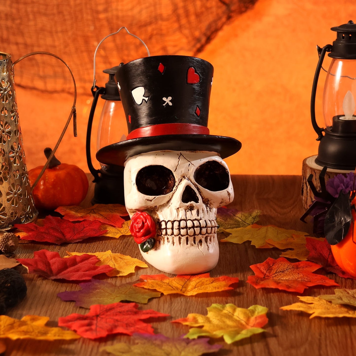 Ayieyill Halloween Skull Decorations Indoor, Gothic Decor Skull  with Top Hat Rose and Playing Cards, Resin Skull Head Decor