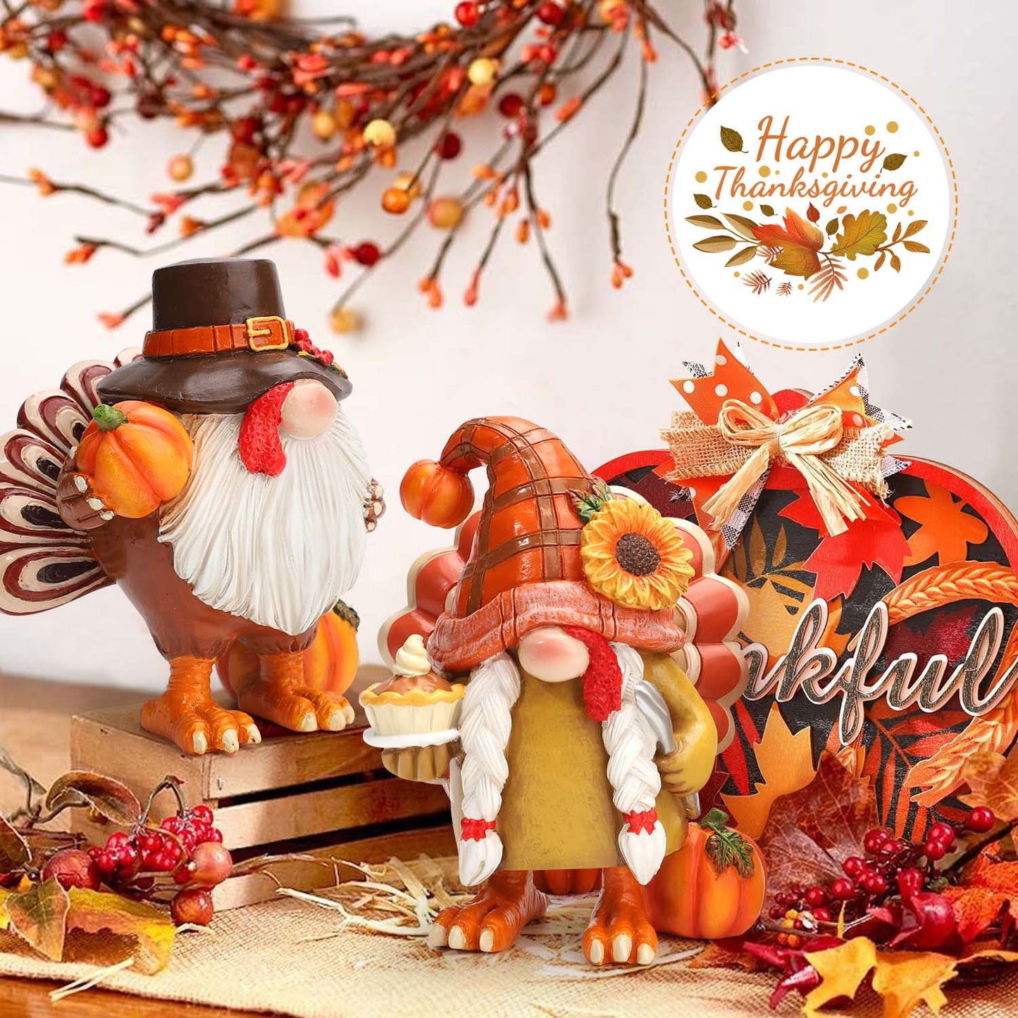 Ayieyill Thanksgiving Gnome Figurines, Turkey Thanksgiving Decorations, 2 Pcs, Resin