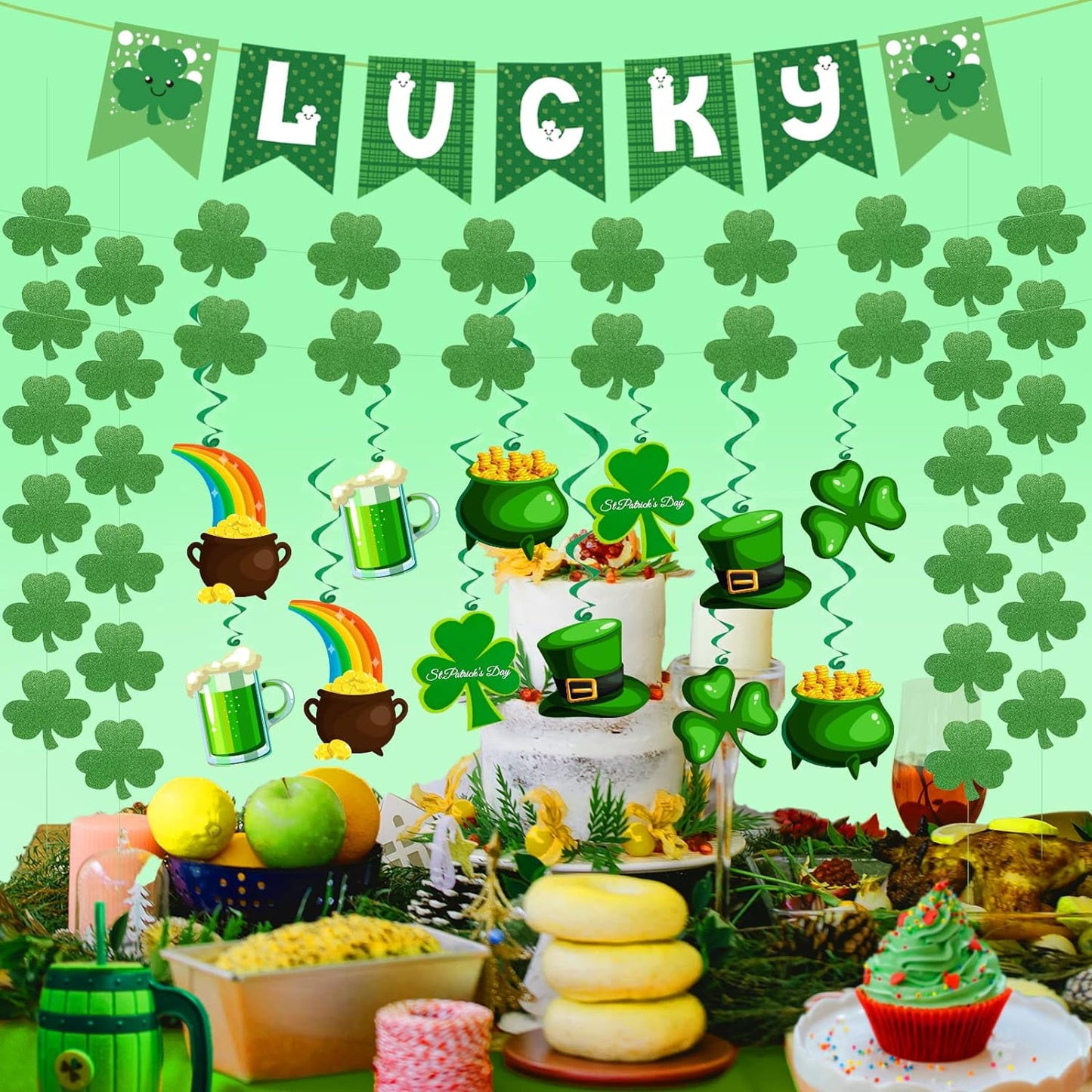 Ayieyill 21Pcs St Patricks Day Decorations Pre-assembled Shamrock LUCKY Banner Garlands Clover Hanging Swirls Irish Decor