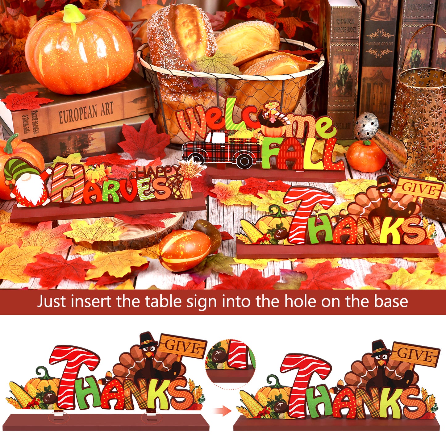 Ayieyill 3pcs Thanksgiving Decorations Indoor, Thanksgiving Table Decor | Turkey Pumpkin | Wooden Signs Decor