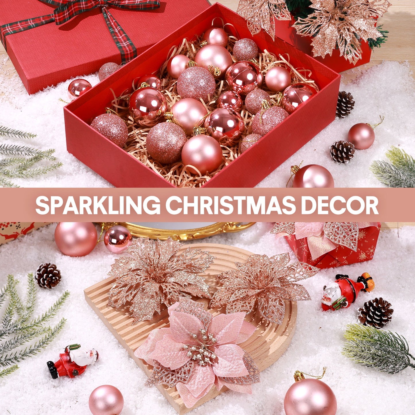 Ayieyill 92Pcs Christmas Tree Decorations Includes Poinsettia Christmas Flowers, Ball Ornaments, Artificial Glitter Berry Stems, Snowflake and Icicle Drop Crystal Ornaments