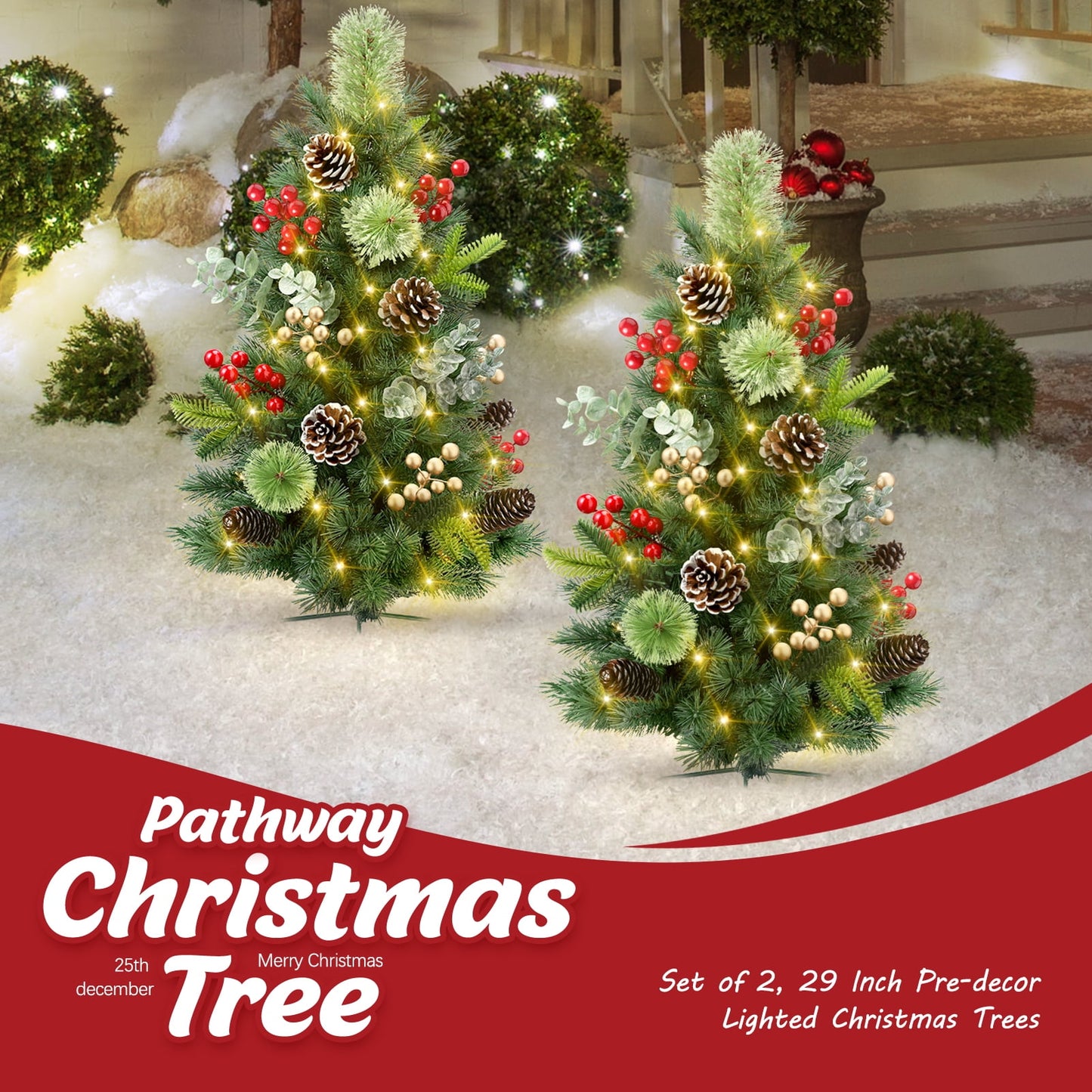 Ayieyill  Set of 2 29in Outdoor Pathway Christmas Trees,  Holiday Decor for Driveway, Yard, Garden w/LED Lights, Berries, Pine Cones, Ornaments