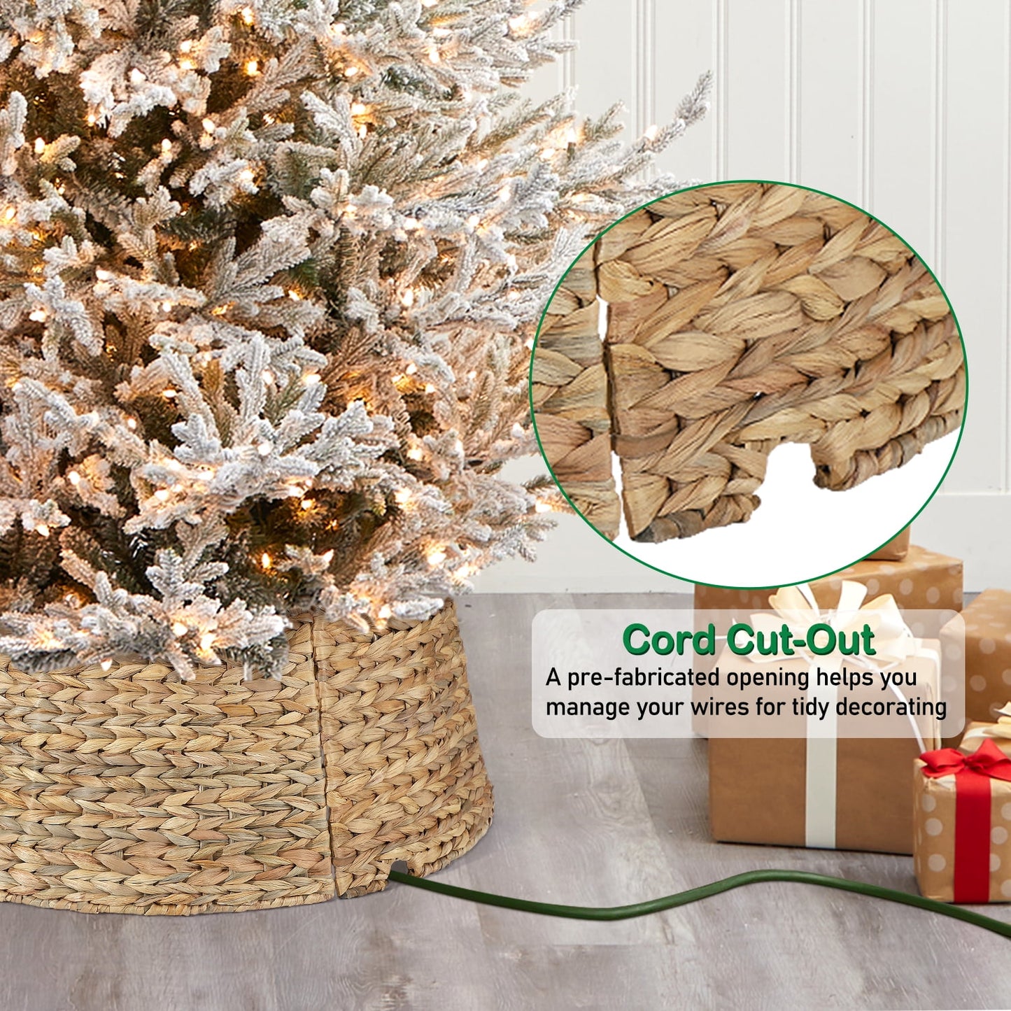 Ayieyill Woven Hyacinth Christmas Tree Collar, Christmas Tree Decorations, Tree Skirt Accessory w/ Cord Cut-Out | Natural