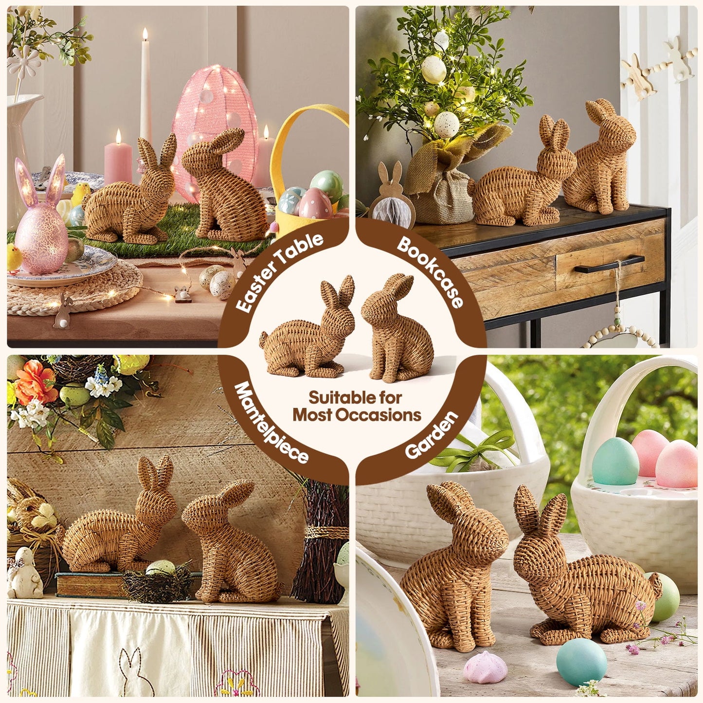 Ayieyill 2 Pcs Easter Rabbit Decor, Easter Rattan Bunny Resin Ornaments for Home Courtyard Tabletop to Enhance The Easter Atmosphere