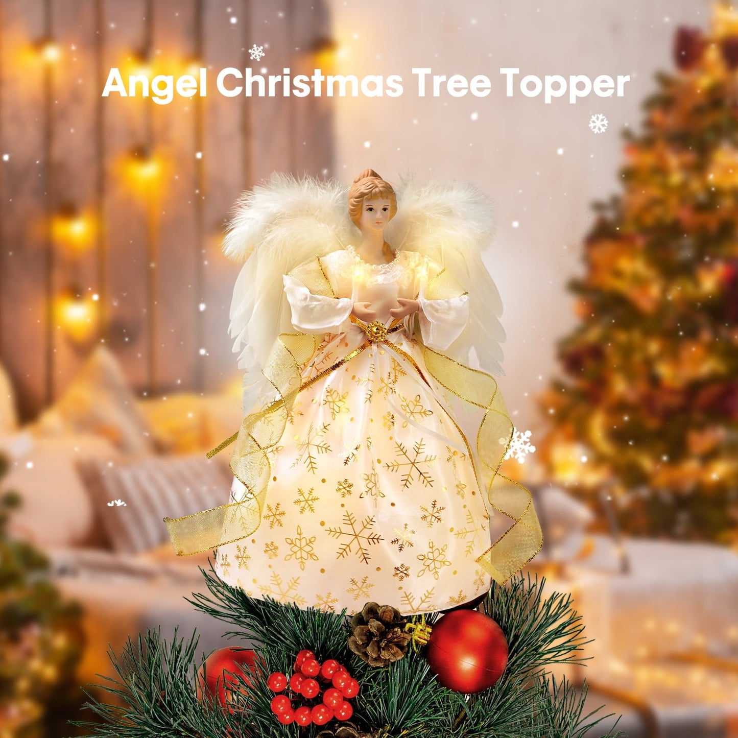 Ayieyill  Angel Treetop, 9-Inch,Lighted Silver Angel with Wings Christmas Tree Topper