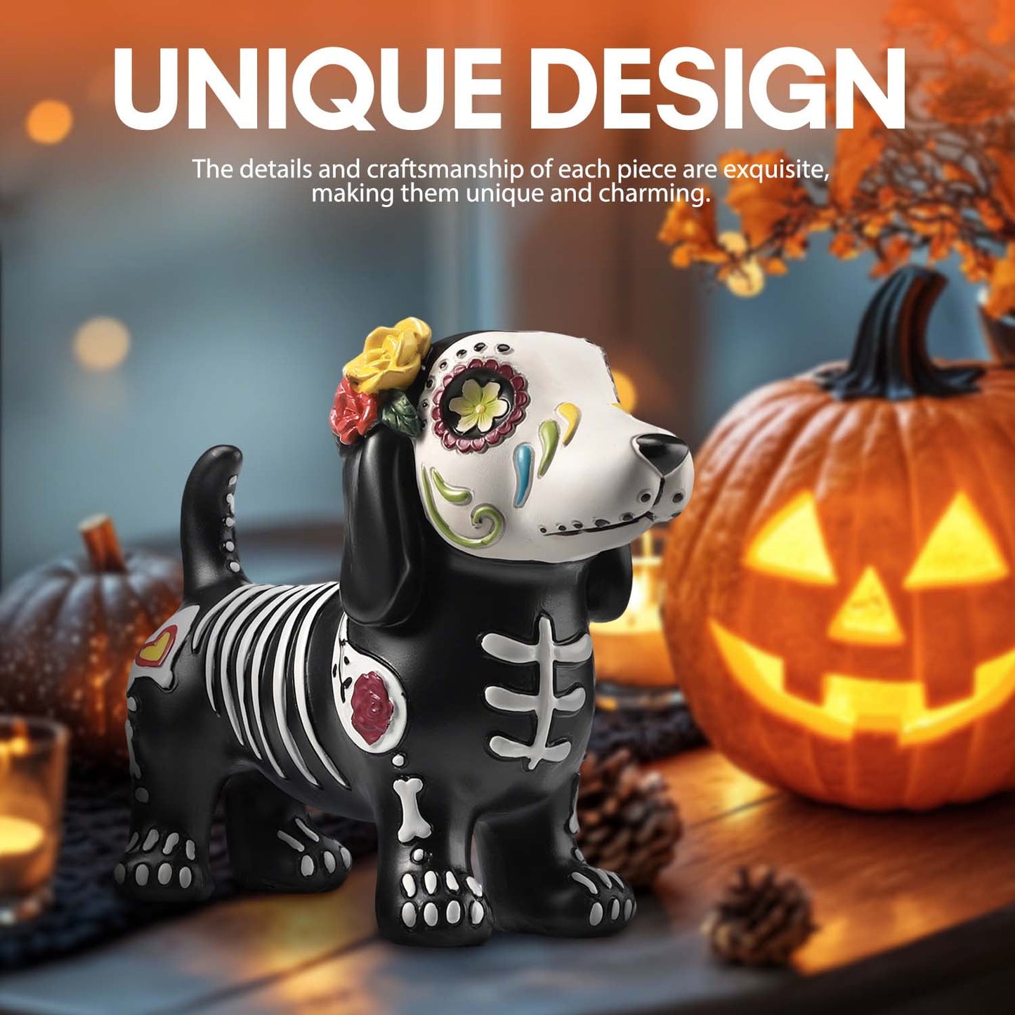 Ayieyill Day of the Dead Cat Figurine, Sugar Skull Halloween Decorations Indoor, Dia de los Muertos Decor