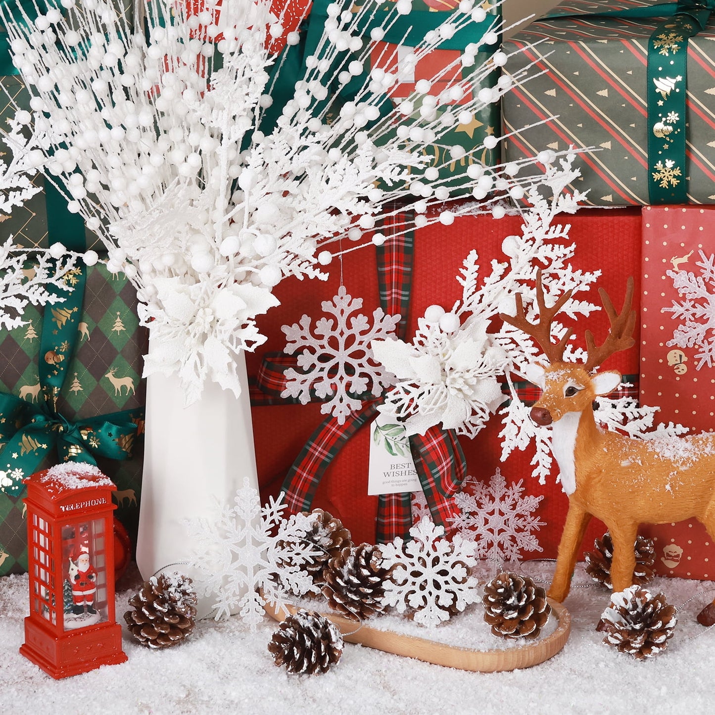 Ayieyill 84Pcs Christmas Tree Decorations Flowers, Artificial Glitter Berry Stems Christmas Pine Cones, Snowflake Icicle Drop Crystal Ornaments