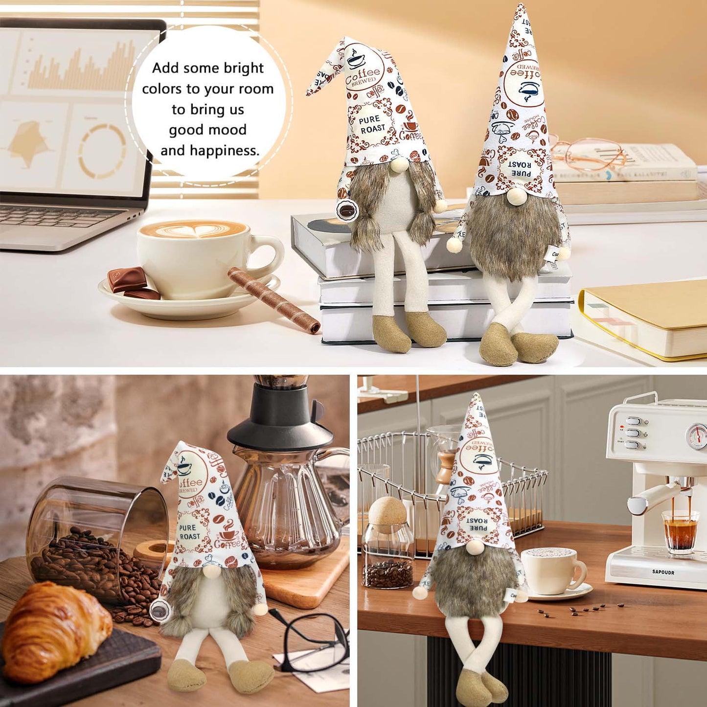 Ayieyill 2 Pcs Coffee Gnomes , Gnomes Plush Coffee Bar Decor, Handmade Swedish Gifts Figurines Plush Coffee Table Gnome Decoration (Brown)