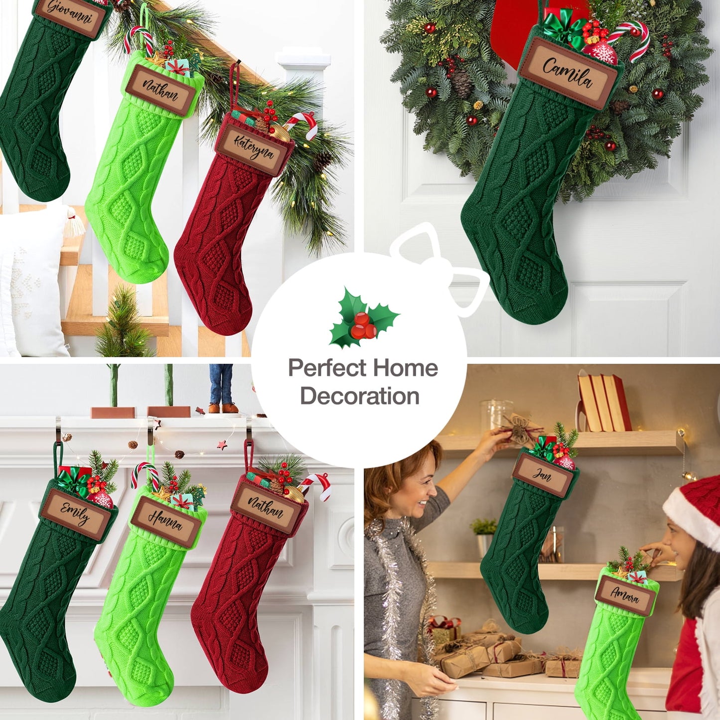 Ayieyill 6Pack Christmas Stockings, 17.7Inches Large Knitted Stocking Personalized Xmas Hanging Stocking Decorations with Name Leather Patches for Holiday Christmas Party Family Decor (Green Red)