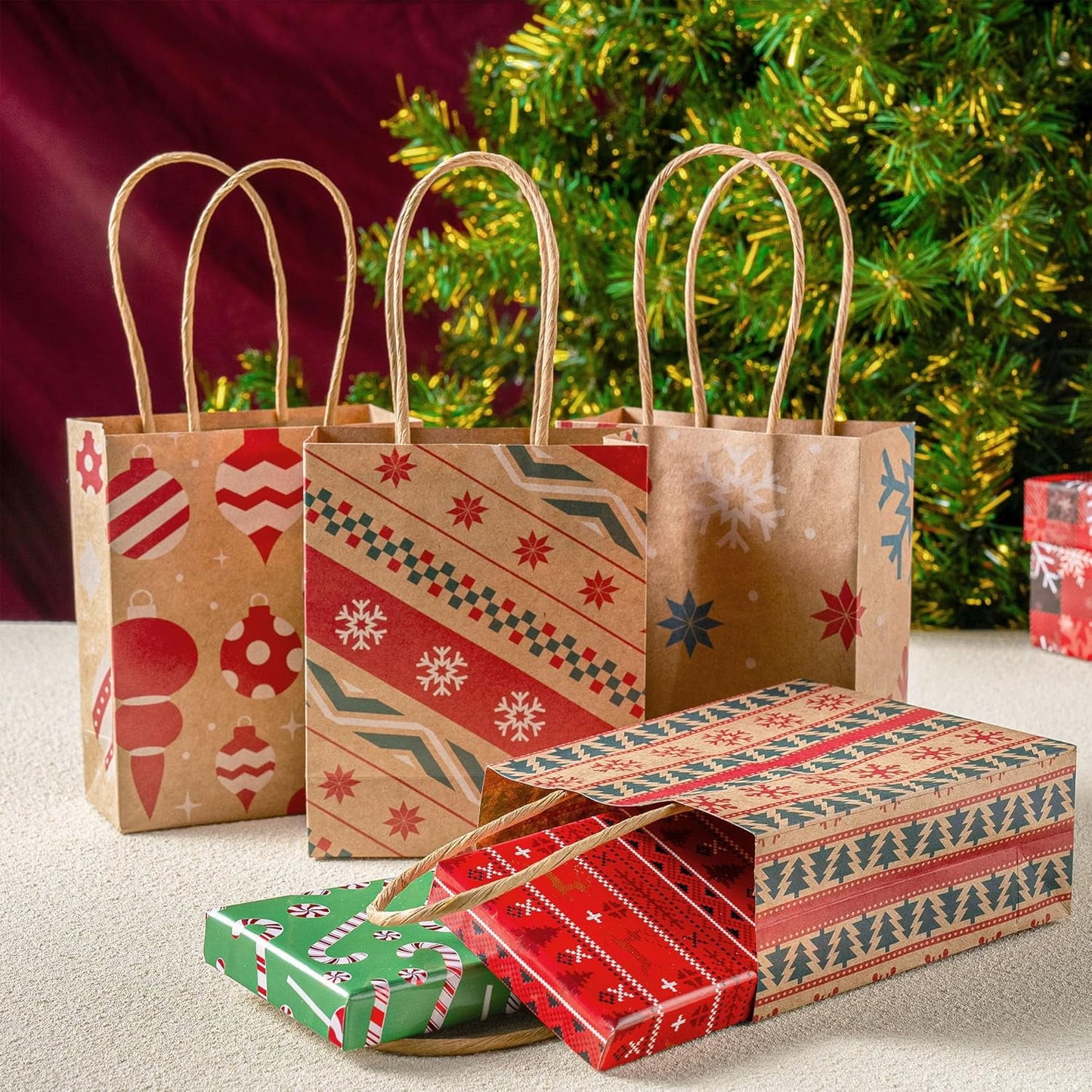 Ayieyill 12pcs Christmas Kraft Gift Bags with Handle, Christmas Paper Gift Treat Bags Bulk, Goodie Bags for Holiday Decor