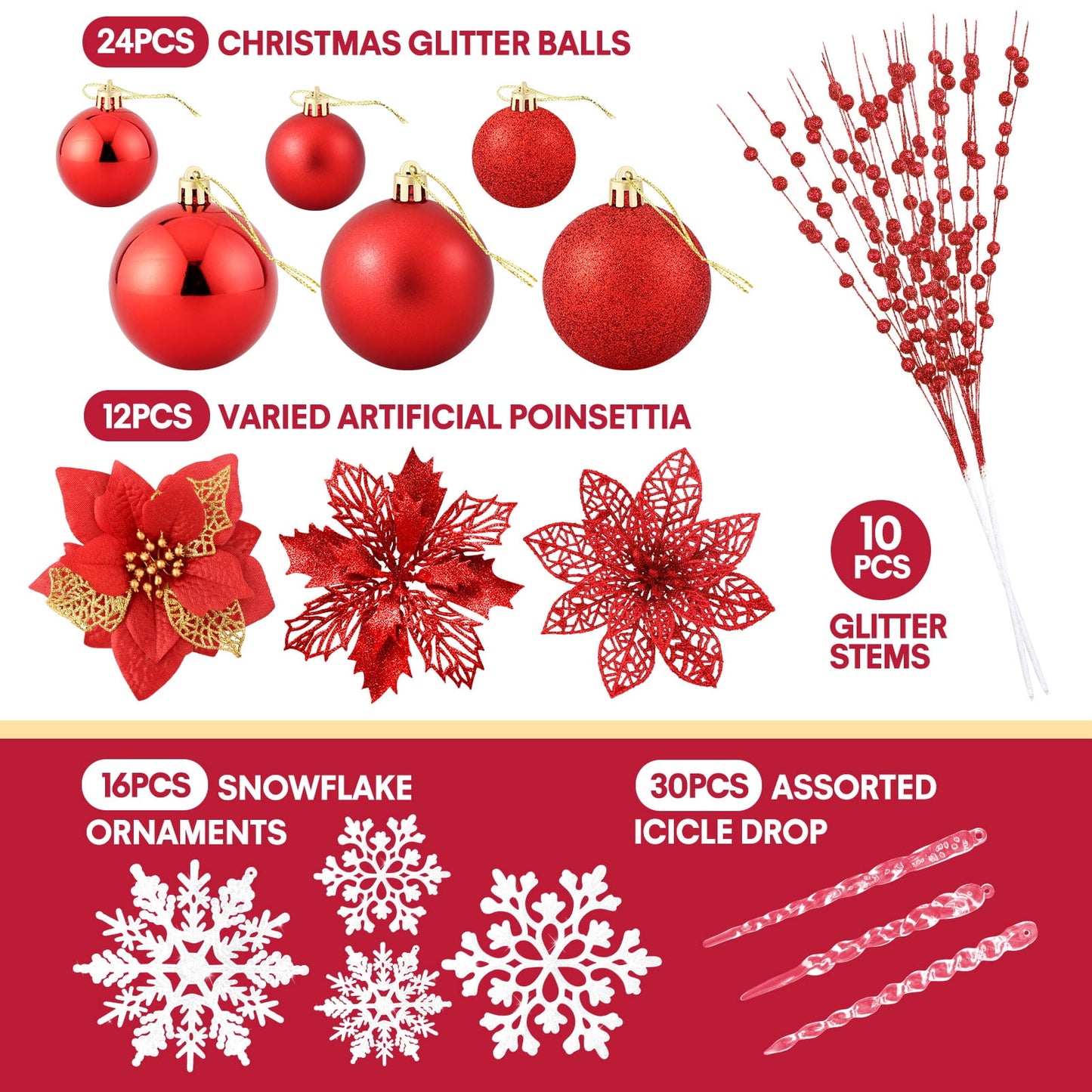 Ayieyill 92Pcs Christmas Tree Decorations Includes Poinsettia Christmas Flowers, Ball Ornaments, Artificial Glitter Berry Stems, Snowflake and Icicle Drop Crystal Ornaments