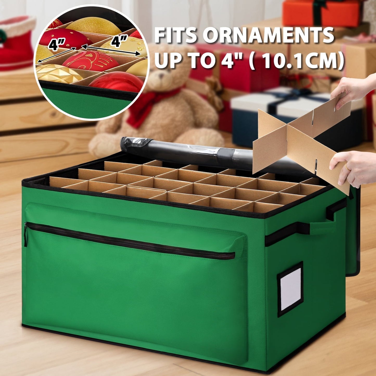 Ayieyill Premium Christmas Ornament Storage Container - Holds Up to 72-4” Ornaments Durable 600D Fabric - Adjustable Dividers - 3 Individual Trays
