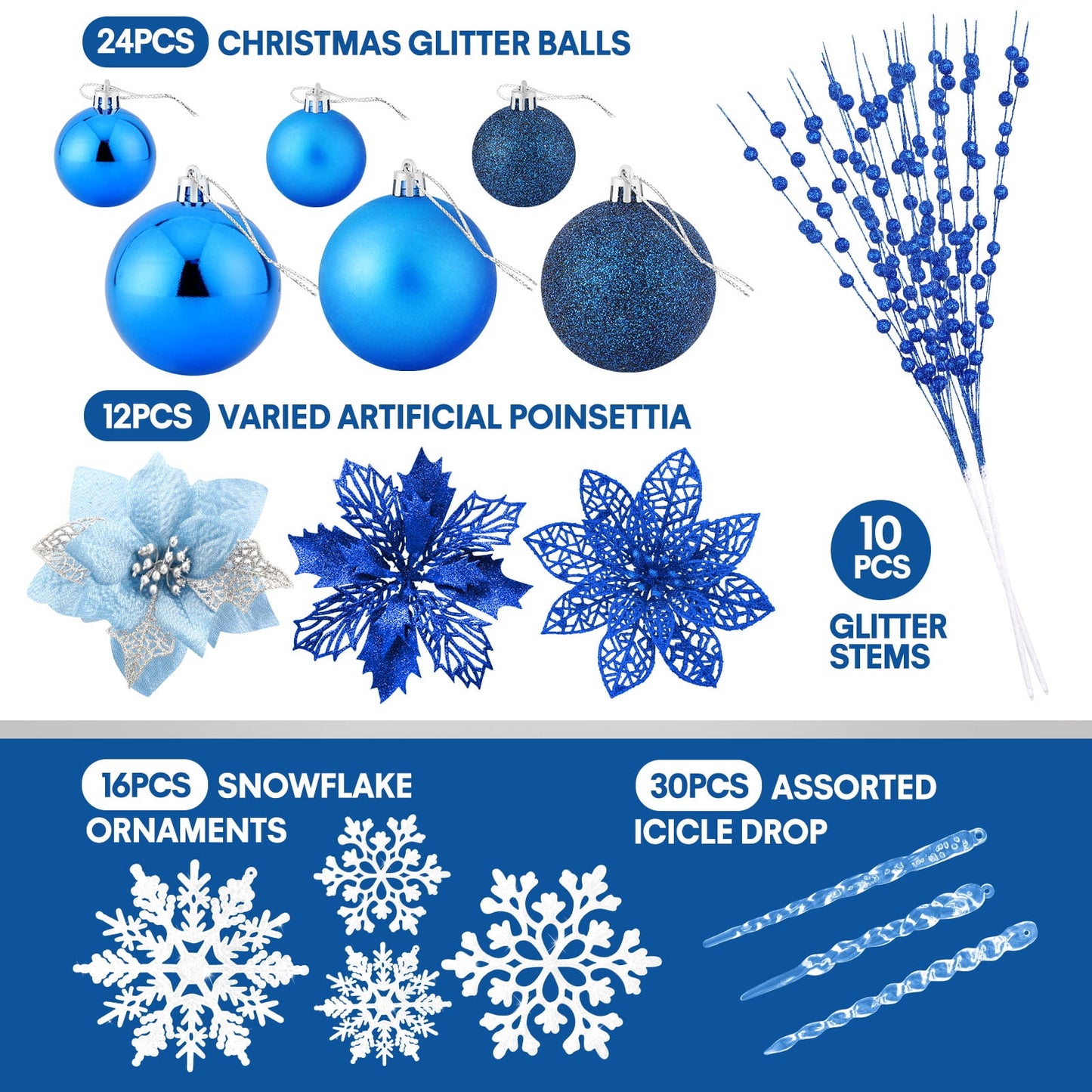 Ayieyill 92Pcs Christmas Tree Decorations Includes Poinsettia Christmas Flowers, Ball Ornaments, Artificial Glitter Berry Stems, Snowflake and Icicle Drop Crystal Ornaments