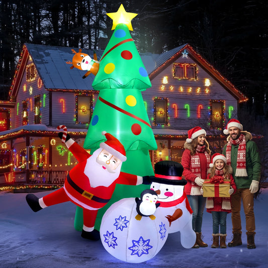 Ayieyill 10FT Inflatable Christmas Tree, Large Christmas Blow up Tree With Snowman, Santa and Snowball, Colorful Yard Decoration for Xmas Lawn